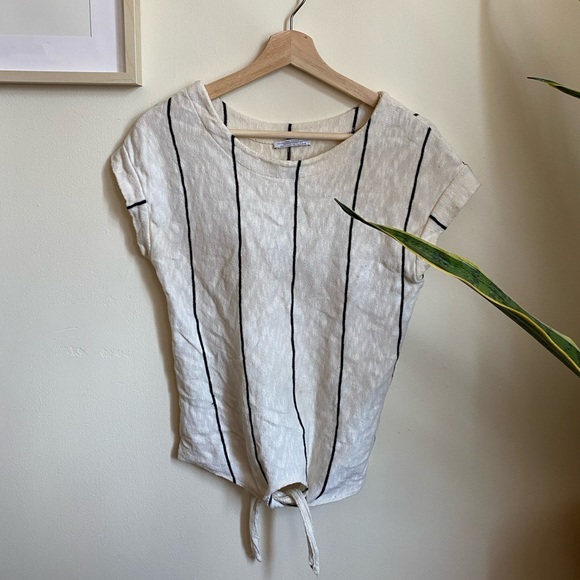 Zara Vertical Striped Cream Tie-Waist Top - Picture 1 of 4
